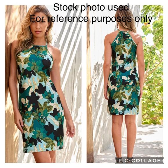 Boston Proper Women’s Floral High Neck Short Dress BlackBlues Greens Gold Large - Picture 3 of 8